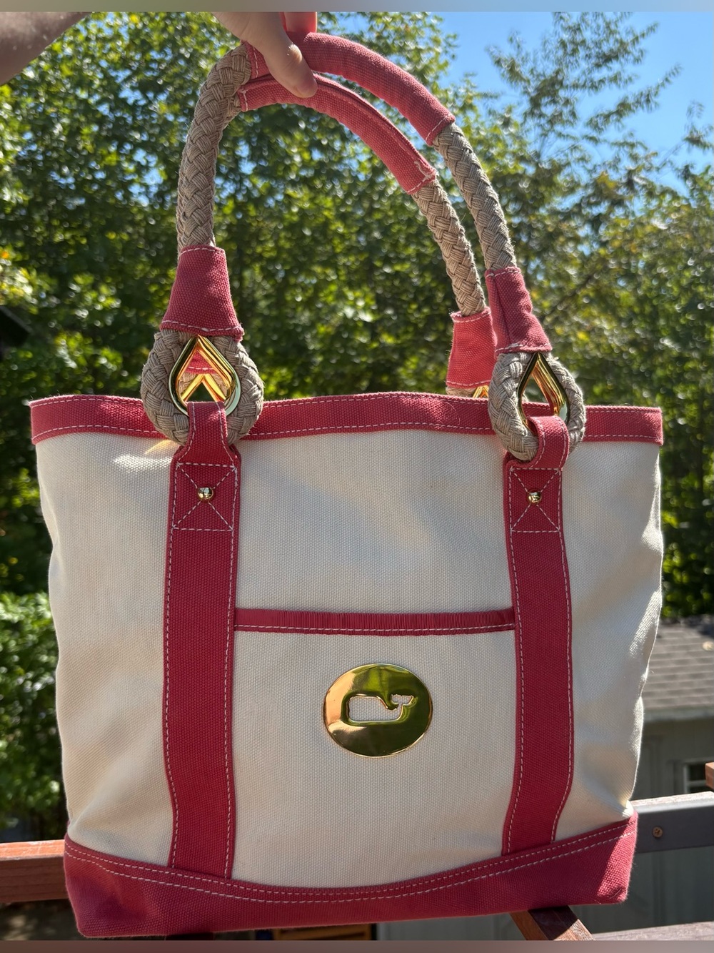 Vineyard Vines Whale Logo Canvas Tote Boat Bag Rope Handles Classic Vintage Red